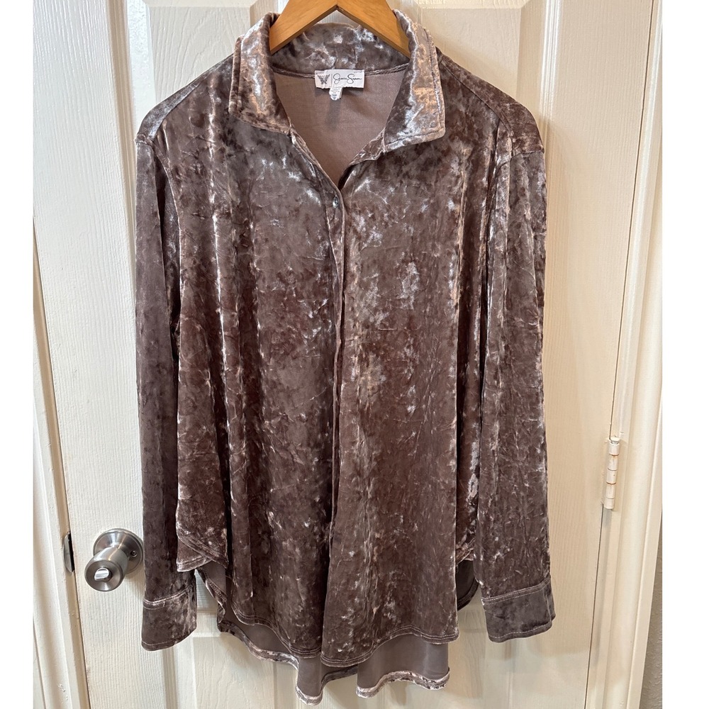 Jessica Simpson Women Taupe Crushed Velvet Button Down Shirt Pleated Back Small